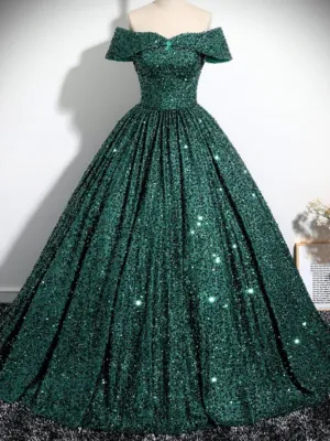 Off Shoulder Green Sequins Long Prom Dresses, Off the Shoulder Formal Evening Dresses, Sequins Green Ball Gowns