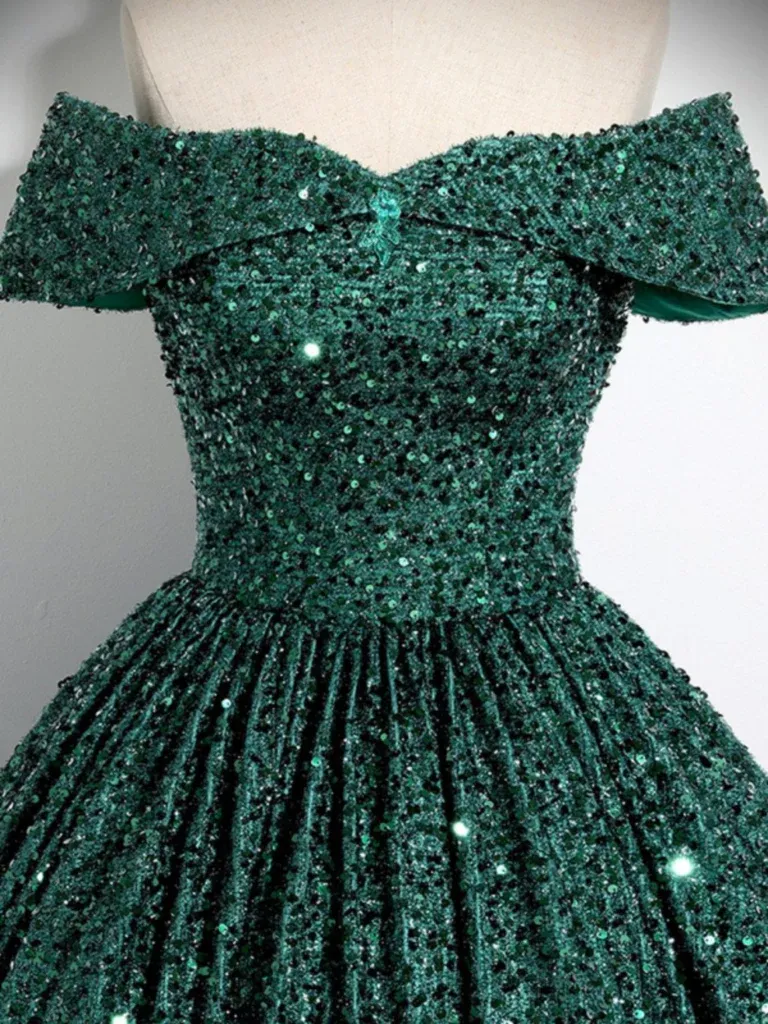 Off Shoulder Green Sequins Long Prom Dresses, Off the Shoulder Formal Evening Dresses, Sequins Green Ball Gowns