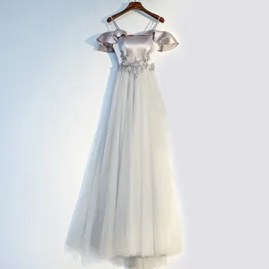 Off Shoulder Grey Tulle A line Evening Prom Dresses, Popular Gray Party Prom Dresses, Custom Long Prom Dresses, Cheap Formal Prom Dresses, 171911