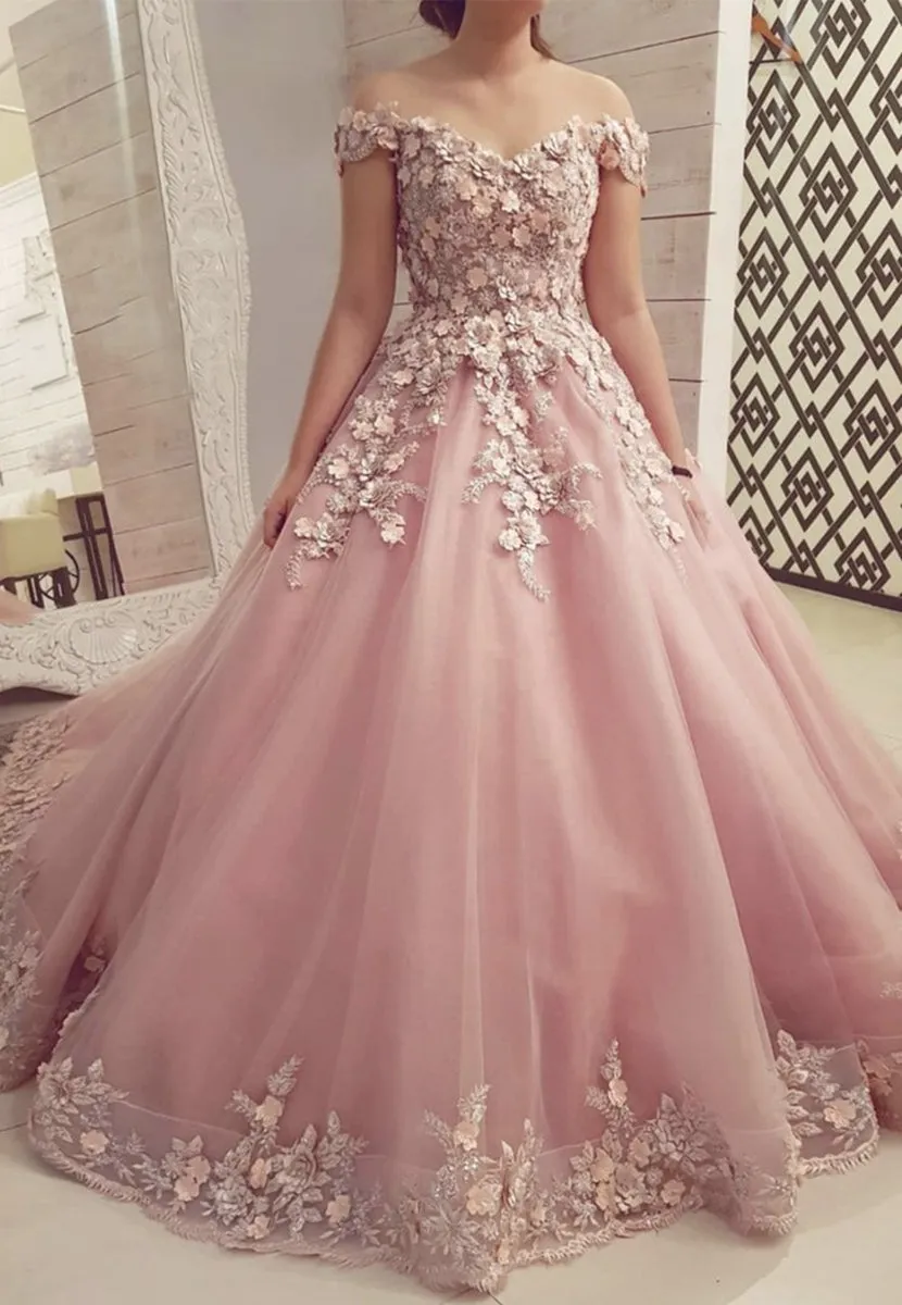 Off Shoulder Pink Lace Floral Long Prom Dresses, 3D Flower Pink Long Formal Evening Dresses