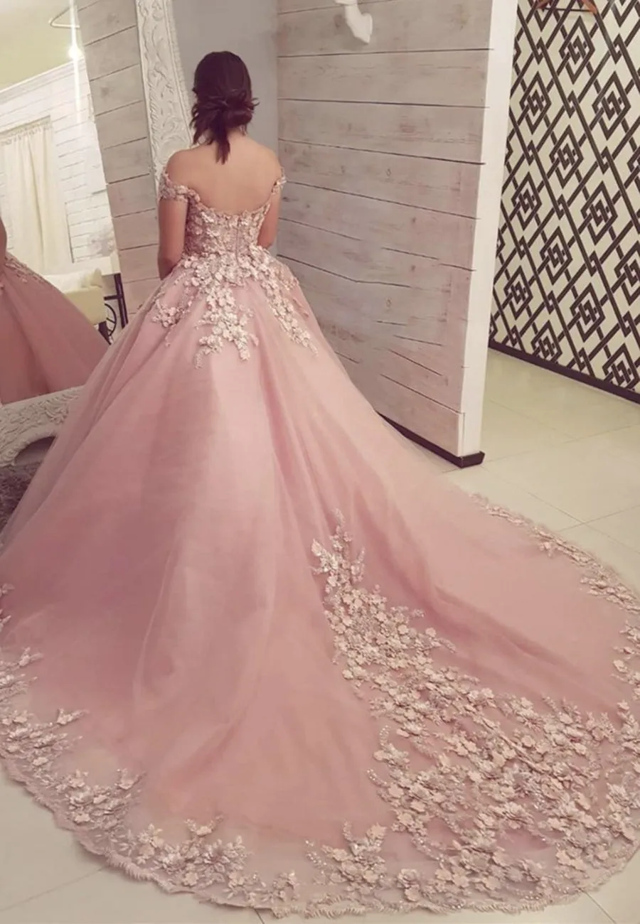 Off Shoulder Pink Lace Floral Long Prom Dresses, 3D Flower Pink Long Formal Evening Dresses