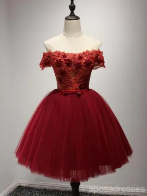 Off Shoulder Short Sleeve Red Lace Homecoming Prom Dresses, Affordable Short Party Corset Back Prom Dresses, Perfect Homecoming Dresses, CM215