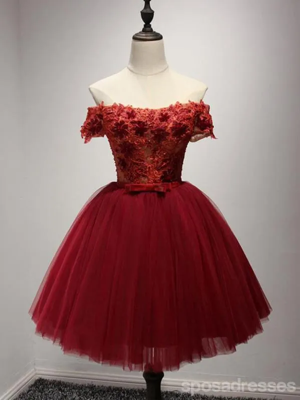 Off Shoulder Short Sleeve Red Lace Homecoming Prom Dresses, Affordable Short Party Corset Back Prom Dresses, Perfect Homecoming Dresses, CM215
