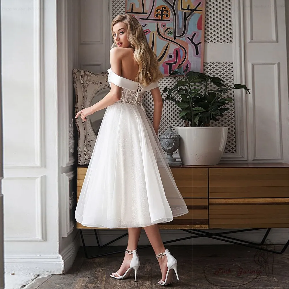 Off Shoulder Sweetheart Wedding Dresses Short Organza Bridal Gowns