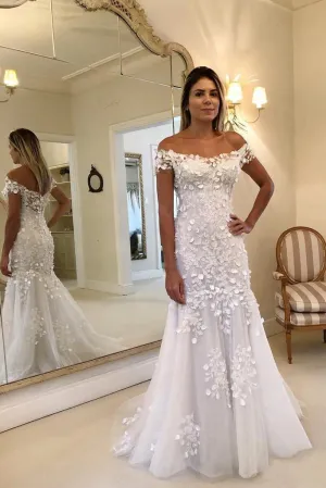 Off The Shoulder Cap Sleeves Mermaid Wedding Dress Lace Appliques Wedding Gowns OKP80