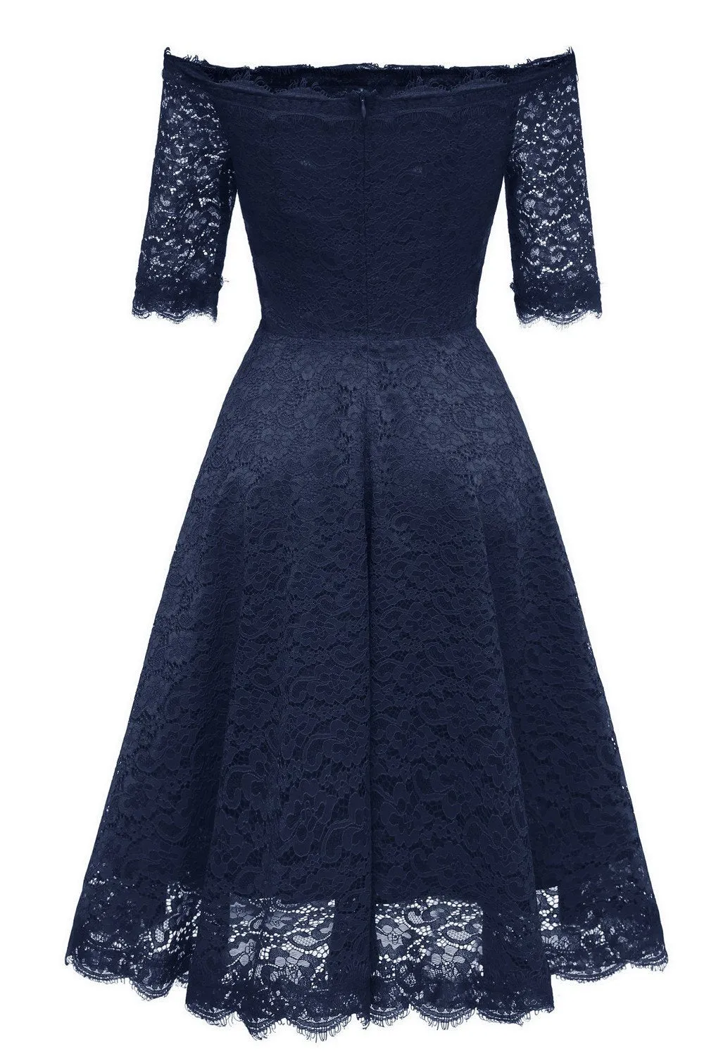 Off-the-shoulder Dark Blue Bridesmaid Wedding Guest Dress with Sleeves