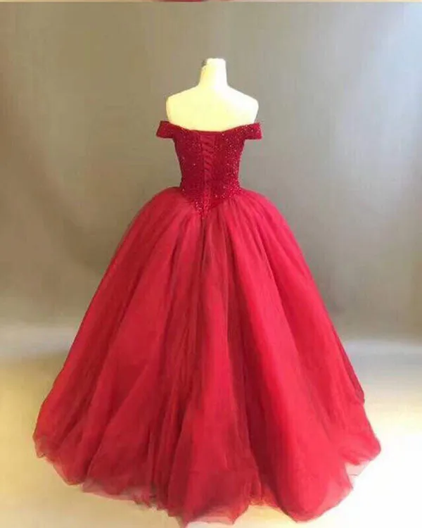 Off The Shoulder Dark Red Quinceanera Dresses with Rhinestones Beaded Elegant Puffy Ball Gowns Sweet 15 Dress Vestido
