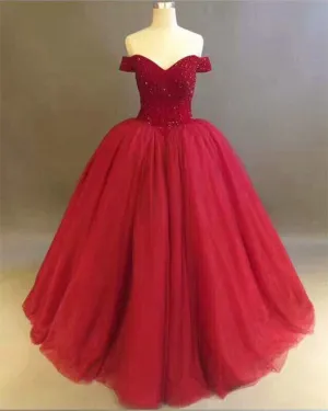 Off The Shoulder Dark Red Quinceanera Dresses with Rhinestones Beaded Elegant Puffy Ball Gowns Sweet 15 Dress Vestido