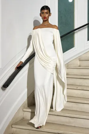 Off the Shoulder Jersey and Satin Draped Gown
