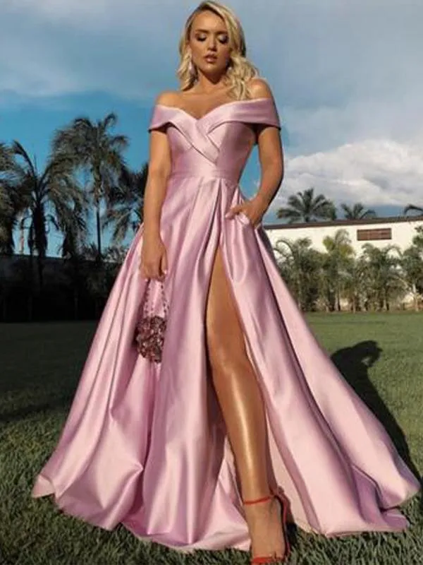Off The Shoulder Pink Satin Prom Dresses with Split Sexy V-Neck Long Prom Gowns Party Dress 2019