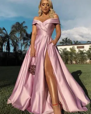 Off The Shoulder Pink Satin Prom Dresses with Split Sexy V-Neck Long Prom Gowns Party Dress 2019