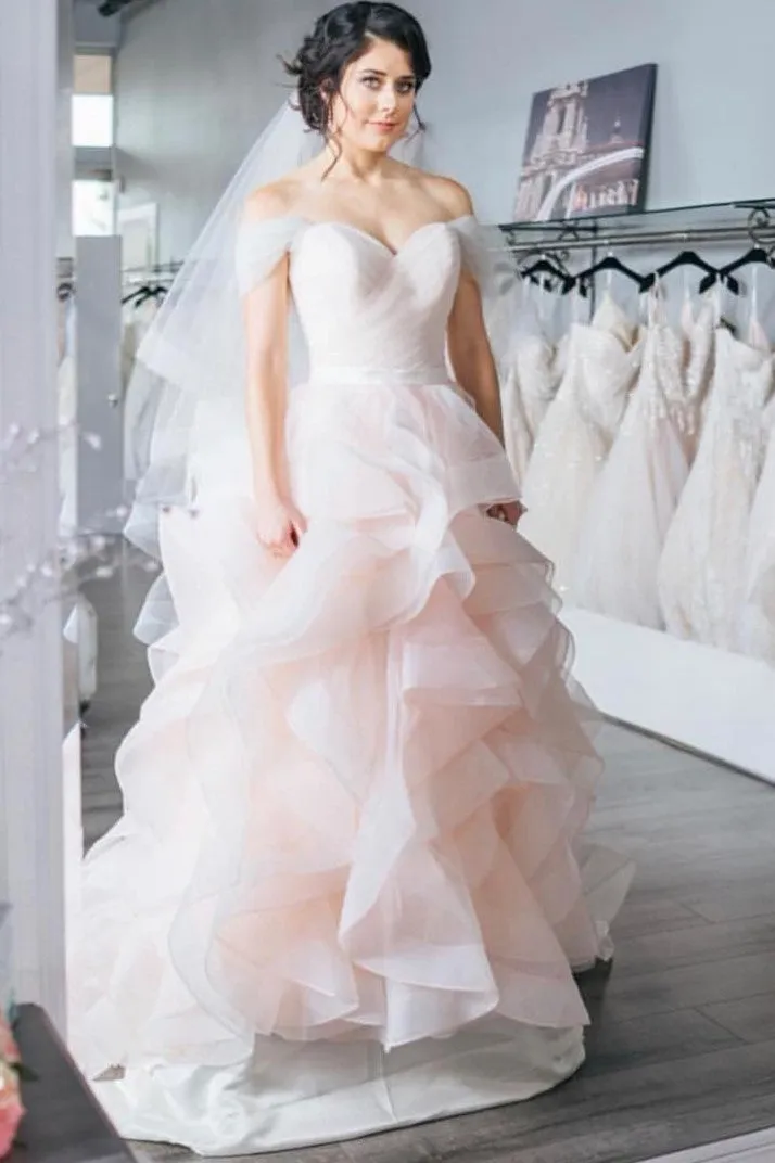 Off-the-shoulder Pink Wedding Dress with Layers Skirt
