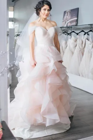 Off-the-shoulder Pink Wedding Dress with Layers Skirt