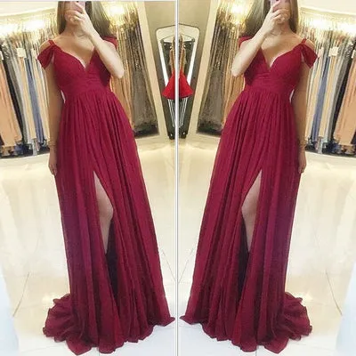 off the shoulder prom dresses long Burgundy chiffon a line sexy formal dress vestido de Longo