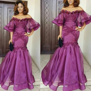 off the shoulder purple evening dresses long mermaid lace appliqué beaded flare sleeve evening gowns 2020