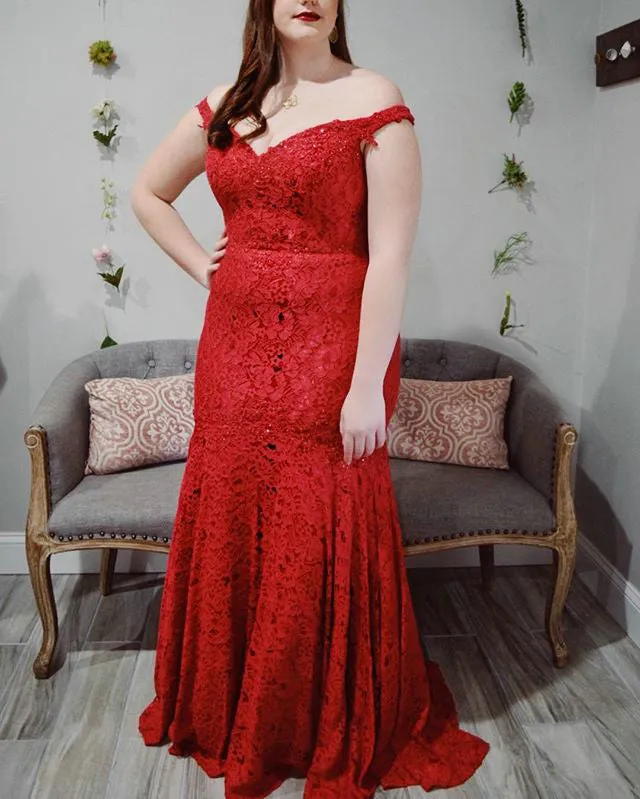 Off The Shoulder Red Lace Mermaid Prom Dresses Beaded Plus Size Prom Gowns 2019