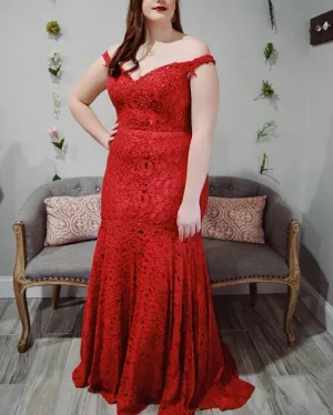 Off The Shoulder Red Lace Mermaid Prom Dresses Beaded Plus Size Prom Gowns 2019