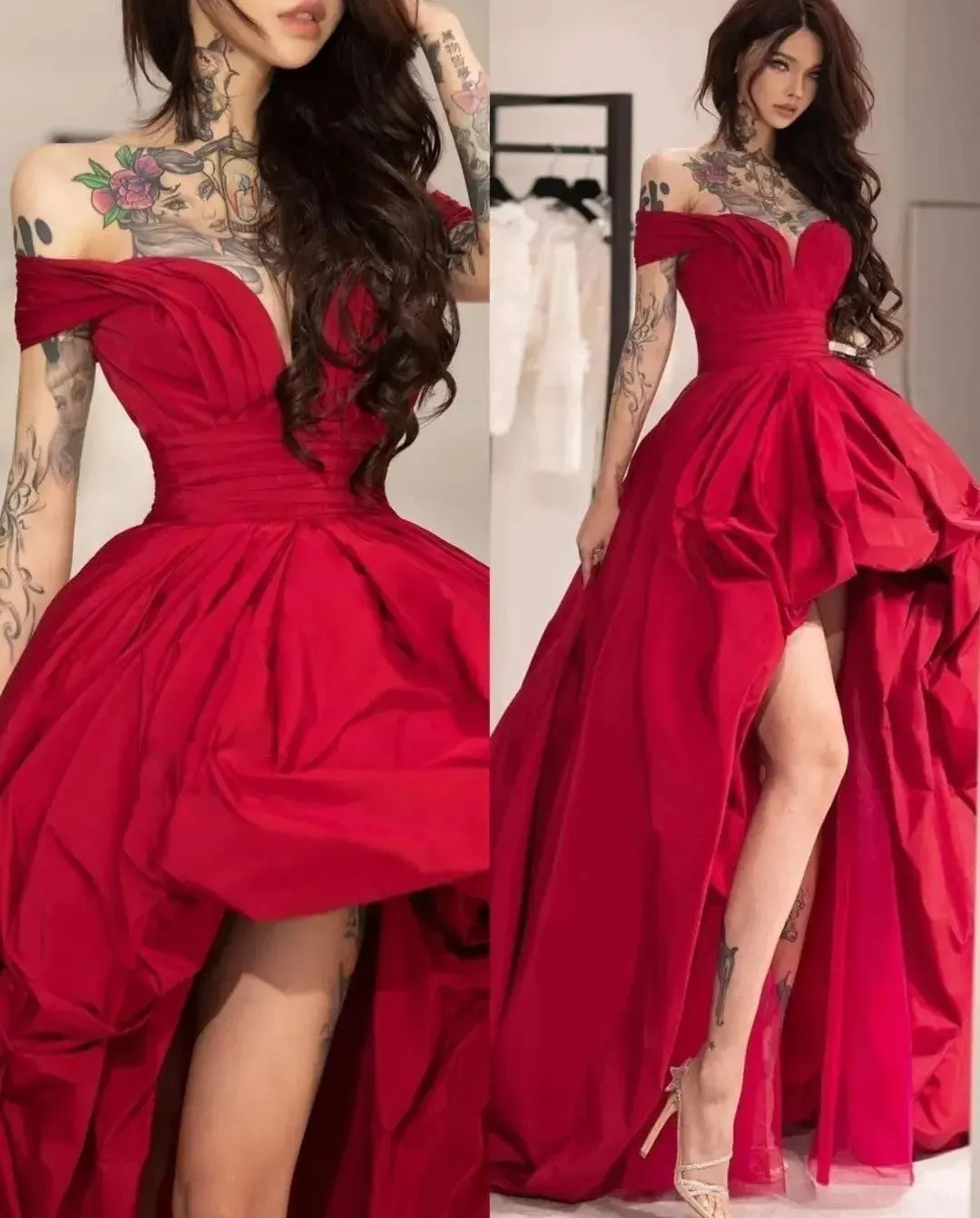 Off-the-shoulder Red Prom Gown High Low Skirt