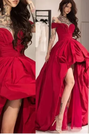 Off-the-shoulder Red Prom Gown High Low Skirt