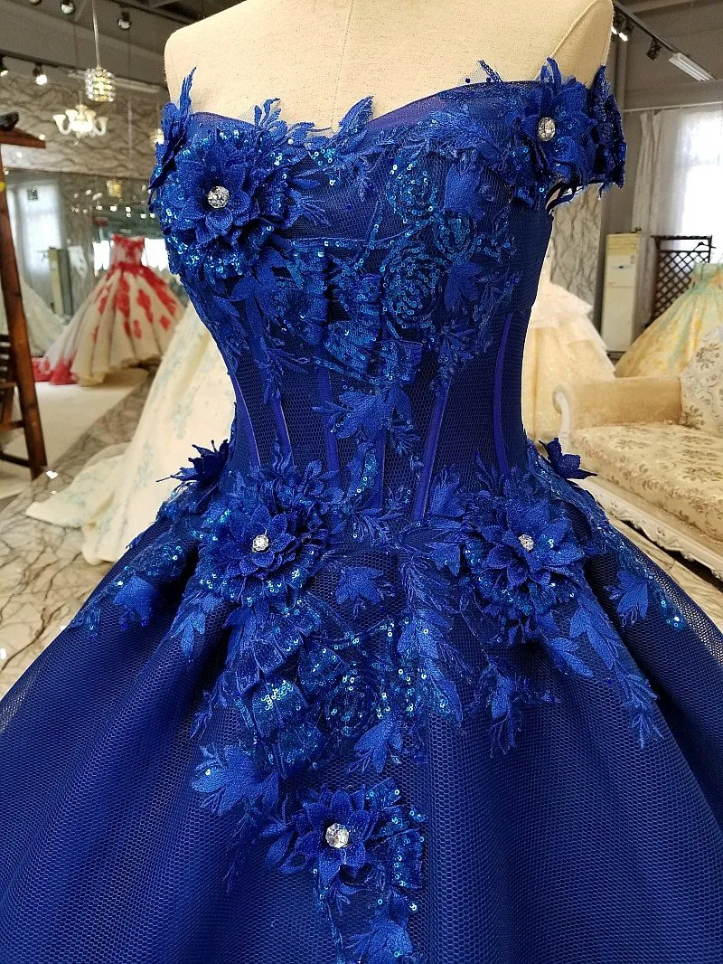 Off-the-shoulder Royal Blue Evening Dresses with 3D Floral Lace