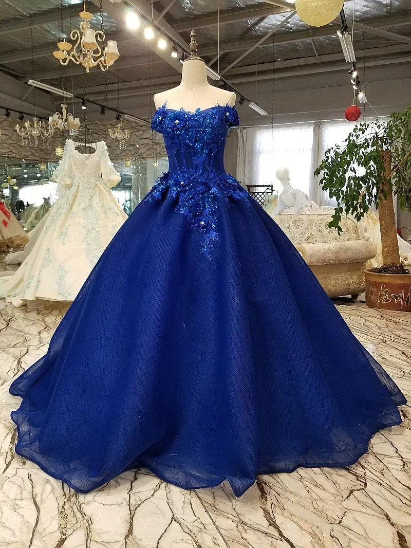 Off-the-shoulder Royal Blue Evening Dresses with 3D Floral Lace