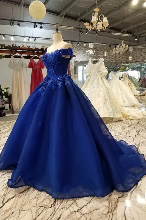 Off-the-shoulder Royal Blue Evening Dresses with 3D Floral Lace