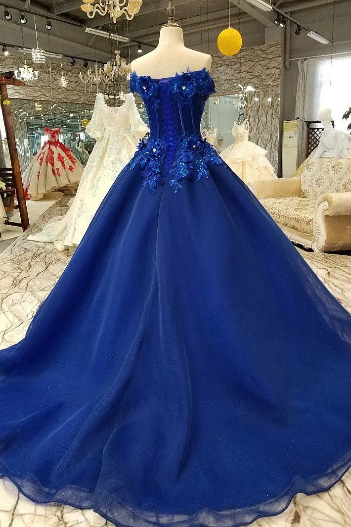 Off-the-shoulder Royal Blue Evening Dresses with 3D Floral Lace