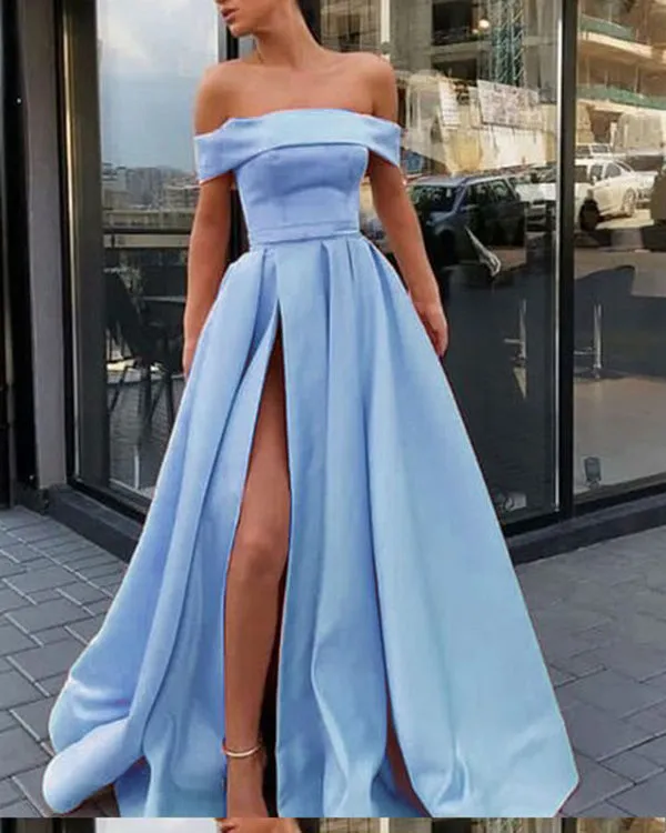 Off The Shoulder Satin Prom Dresses with Split Side 2019 Prom Party Gowns