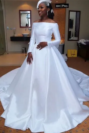 Off-the-shoulder Sleeves Satin White Bridal Dress for Nigeria