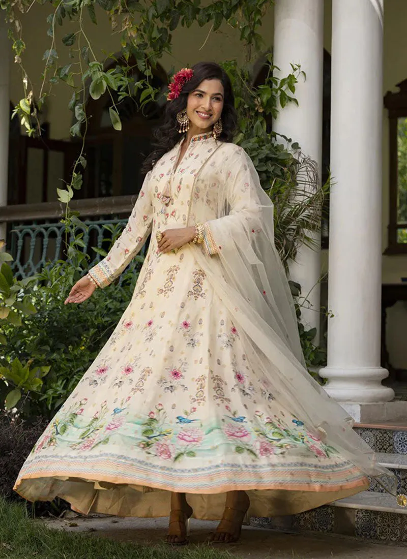 Off White Embroidery Floral Printed Anarkali Gown