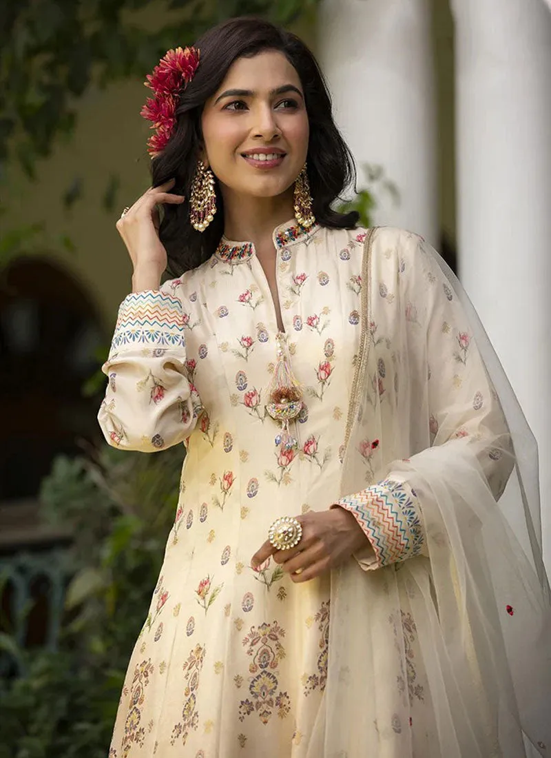 Off White Embroidery Floral Printed Anarkali Gown