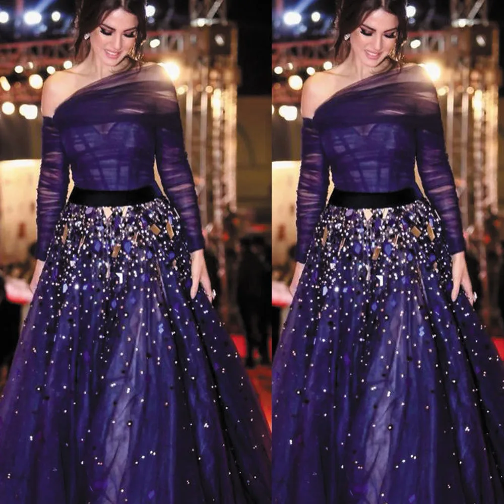 one shoulder arabic prom dresses long sleeve crystals beaded royal blue elegant sparkly prom gowns
