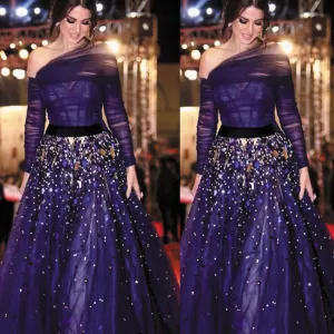 one shoulder arabic prom dresses long sleeve crystals beaded royal blue elegant sparkly prom gowns