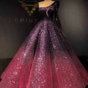 one shoulder gradient prom dresses ball gown sparkly sequin elegant princess prom gowns