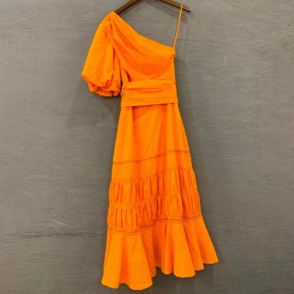 One Shoulder Puff Sleeve High Waist Sashes Hollow Out Midi Dresses