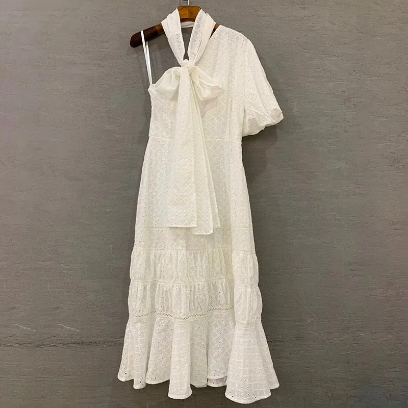 One Shoulder Puff Sleeve High Waist Sashes Hollow Out Midi Dresses