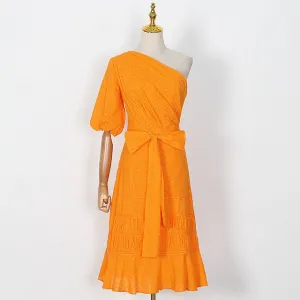 One Shoulder Puff Sleeve High Waist Sashes Hollow Out Midi Dresses
