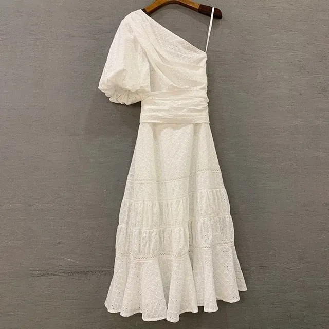 One Shoulder Puff Sleeve High Waist Sashes Hollow Out Midi Dresses