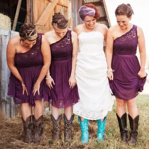one shoulder purple bridesmaid dresses short 2021 lace chiffon cheap custom grape wedding party dress