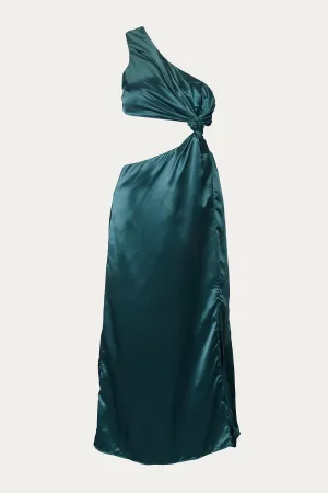 ONE-SHOULDER SATIN CUTOUT MIDI DRESS