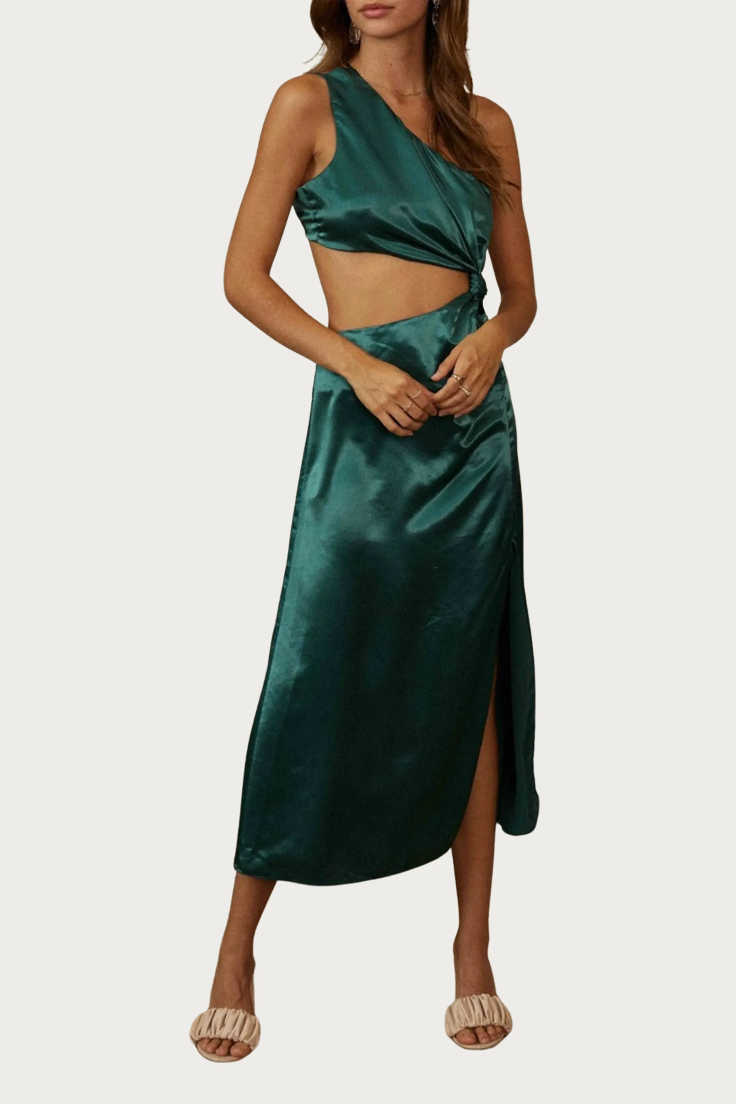 ONE-SHOULDER SATIN CUTOUT MIDI DRESS