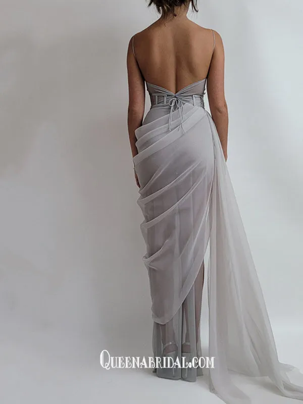 Organza Spaghetti Strap Pleats Rhinestones Sexy Slits Long Party Gowns Prom Dresses, WGP218