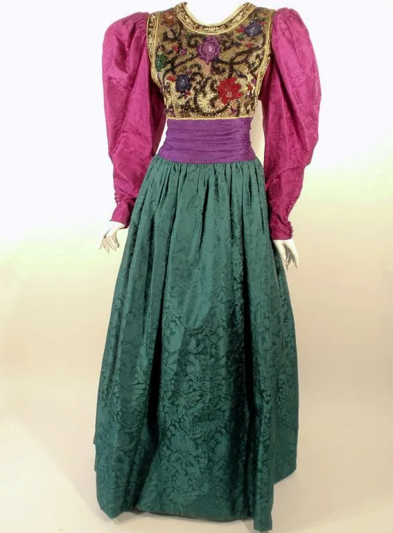 OSCAR DE LA RENTA  Green, Purple, Pink Gown with Beaded Bodice