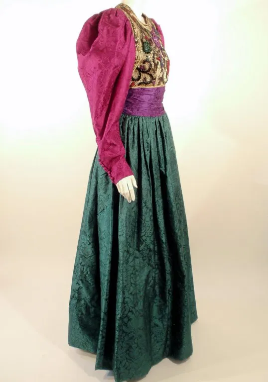 OSCAR DE LA RENTA  Green, Purple, Pink Gown with Beaded Bodice