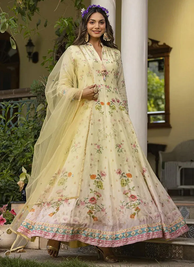 Pale Yellow Embroidery Floral Printed Anarkali Gown