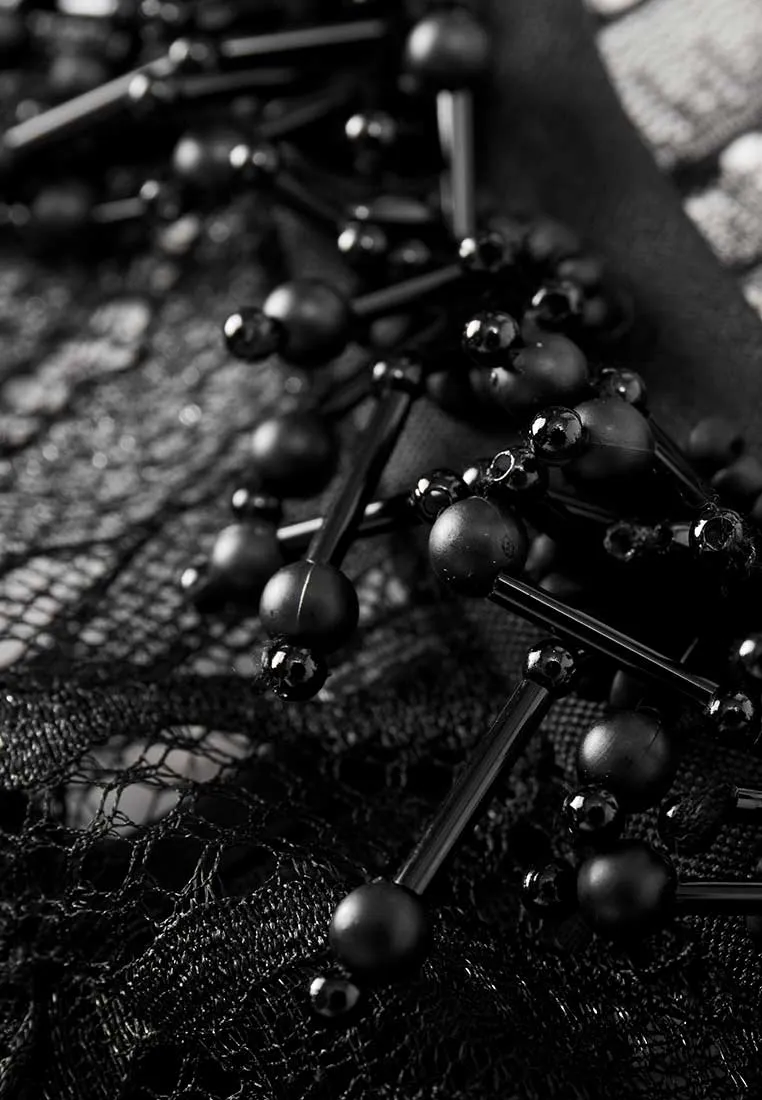 Patched Mesh And Lace Bead Detail Cocktail Dress
