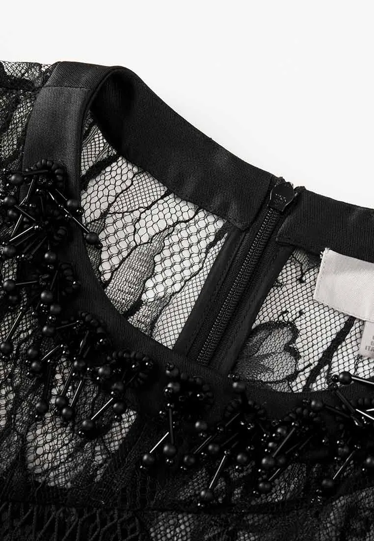 Patched Mesh And Lace Bead Detail Cocktail Dress