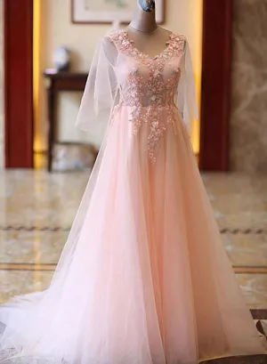 Pink A-Line Tulle Lace V-Neck Floor Length Prom Dresses, Evening Dress CMS211130