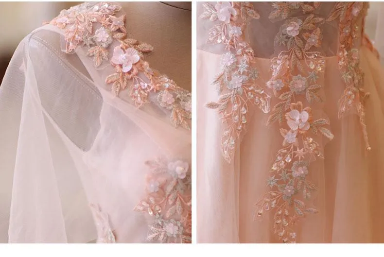 Pink A-Line Tulle Lace V-Neck Floor Length Prom Dresses, Evening Dress CMS211130