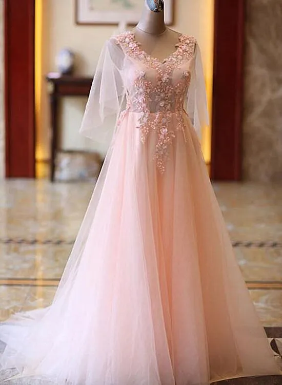 Pink A-Line Tulle Lace V-Neck Floor Length Prom Dresses, Evening Dress CMS211130